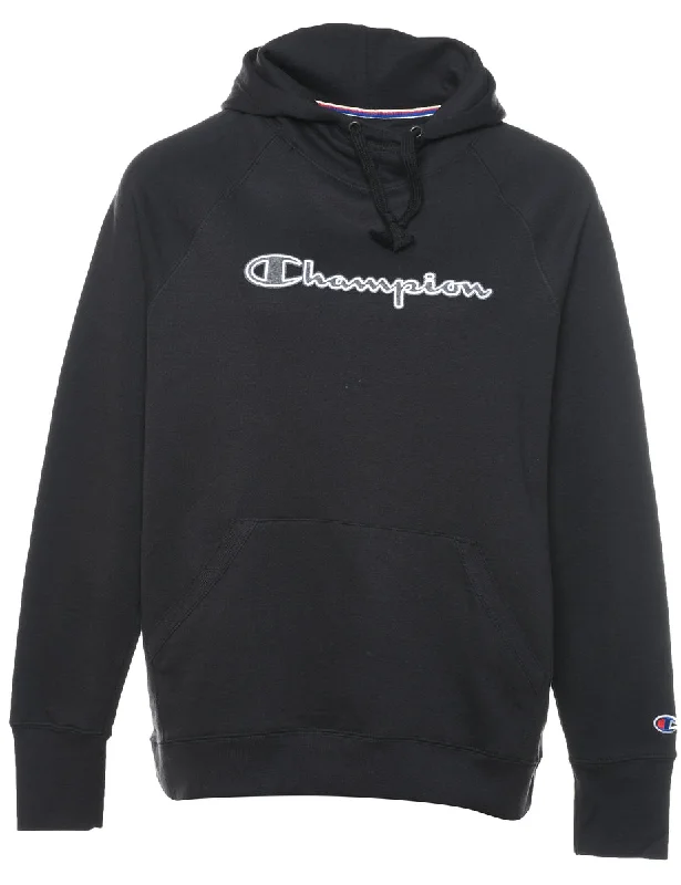 Champion Black Printed Hoodie - L Hoodie with Ribbed Hem Stretchable Secure