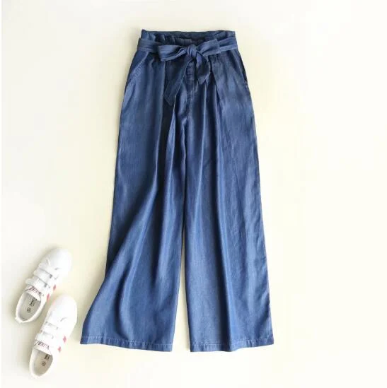 Casual Hight waist Bow tied Sashes Tencel Denim Wide Leg Pants 2022 New Woman Blue Casual Jeans Femme Loose Jean Trousers Trousers Chinos Classic