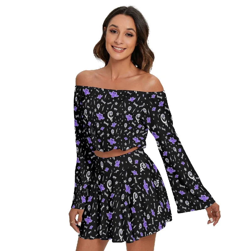 Milky Bat Night Women's Off The Shoulder Crop Top Blouse And Mini Skirt Set (Black) Hooded Caped Shawl Collar Milky Bat Night Women's Off The Shoulder Crop Top Blouse And Mini Skirt Set (Black) Hooded Caped Shawl Collar