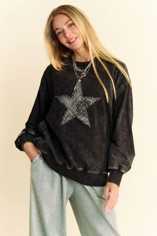 Hazel Blues® |  Davi & Dani Stud Star Patch Acid Washed Sweatshirt Hoodie Jacket Zipper Layering