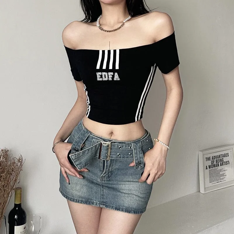 Women's Grunge Off Shoulder Letter Printed Crop Top Rayon Fabric Velvet Fabric Corduroy Fabric Women's Grunge Off Shoulder Letter Printed Crop Top Rayon Fabric Velvet Fabric Corduroy Fabric