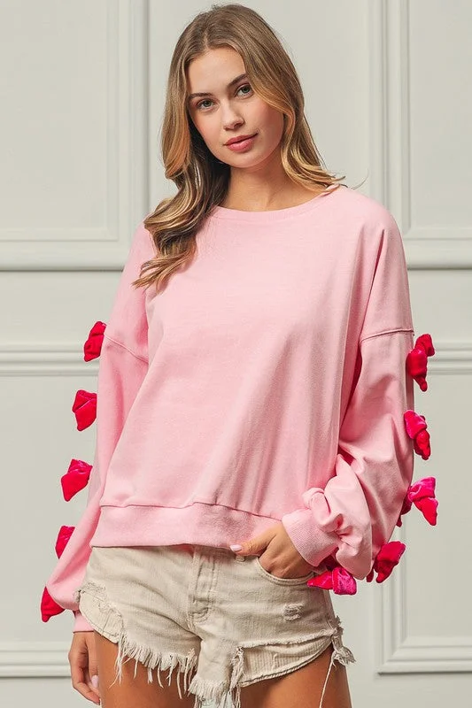 Hazel Blues® |  BiBi Velvet Ribbon Bows Long Sleeve Round Neck Sweatshirt Cotton Hoodie Fleece Lining Warmth