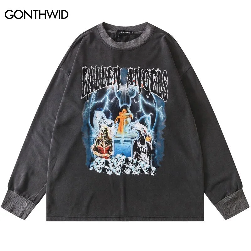 2023 Hip Hop Sweatshirt Streetwear Vintage Skull Skeleton Print Crewneck Casual Loose Cotton Pullover Hoodie Harajuku Punk Goth Hoodie with Stripes Bold Sporty 2023 Hip Hop Sweatshirt Streetwear Vintage Skull Skeleton Print Crewneck Casual Loose Cotton Pullover Hoodie Harajuku Punk Goth Hoodie with Stripes Bold Sporty
