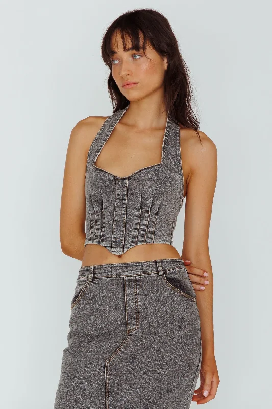 Zurich Halter Crop Top Denim Grey Knit Fabric Woven Fabric Fleece Fabric