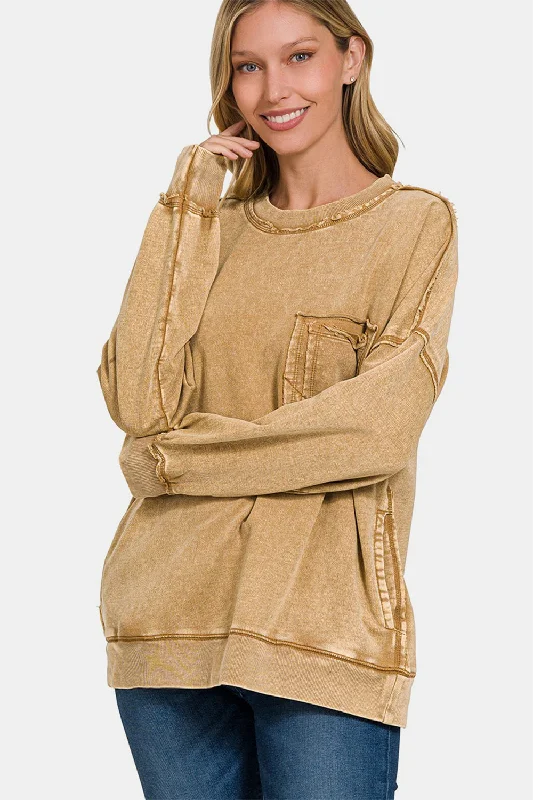 Hazel Blues® | Zenana Exposed Seam Round Neck Dropped Shoulder Sweatshirt Hoodie with Tied Waist Feminine Flattering Hazel Blues® | Zenana Exposed Seam Round Neck Dropped Shoulder Sweatshirt Hoodie with Tied Waist Feminine Flattering
