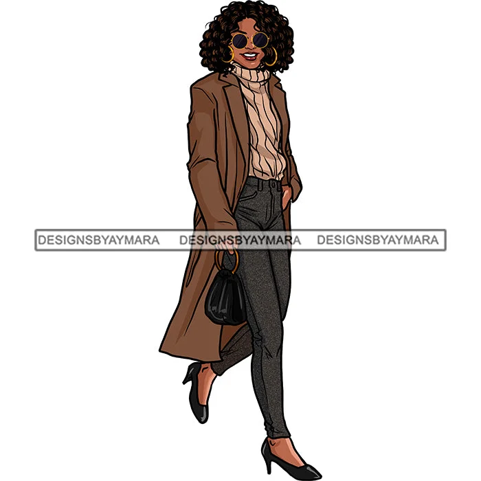 Black Diva Woman Walking With Long Coat Heels JPG PNG  Clipart Cricut Silhouette Cut Cutting Shawl Collar Notch Collar Lapel Collar