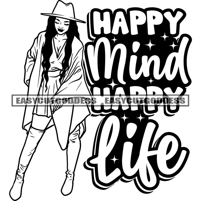 Happy Mind Happy Life Quote Afro Model Woman Standing Wearing Coat And Hat Long Hairstyle Design Element SVG JPG PNG Vector Clipart Cricut Silhouette Cut Cutting Cuffed Rolled Raglan Happy Mind Happy Life Quote Afro Model Woman Standing Wearing Coat And Hat Long Hairstyle Design Element SVG JPG PNG Vector Clipart Cricut Silhouette Cut Cutting Cuffed Rolled Raglan