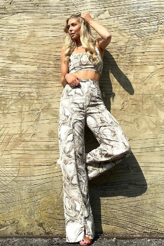 Beige Marble Halter Crop Trouser Co-ord - Delta Trousers Versatile Stylish
