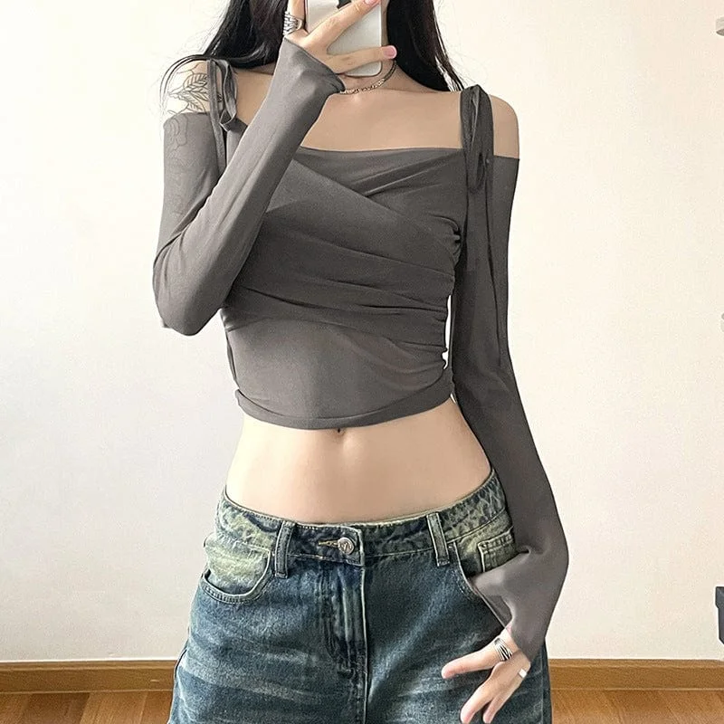 Women's Grunge Off Shoulder Ruched Mesh Crop Top Lace Blend Ribbed Blend Corduroy Blend