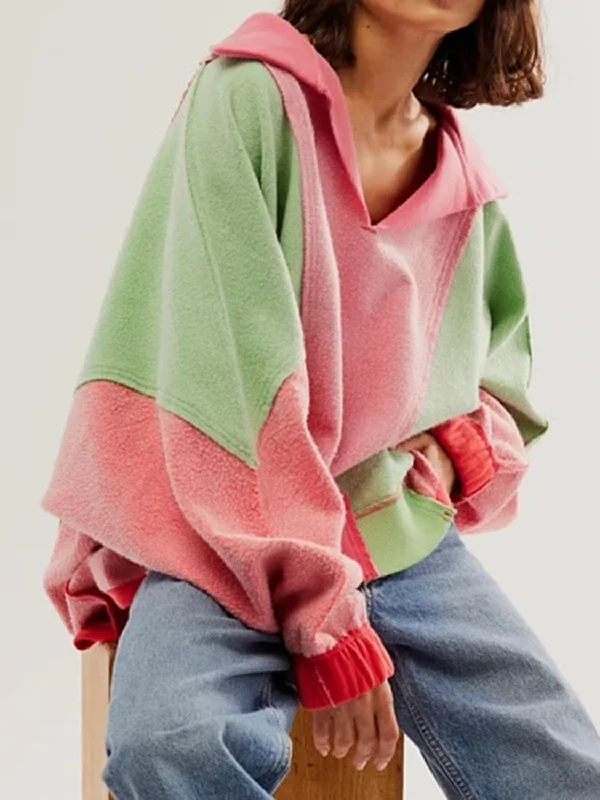 Hazel Blues® |  High-Low Exposed Seam Contrast Long Sleeve Sweatshirt Hoodie with Hem Patch Decorative Personalized