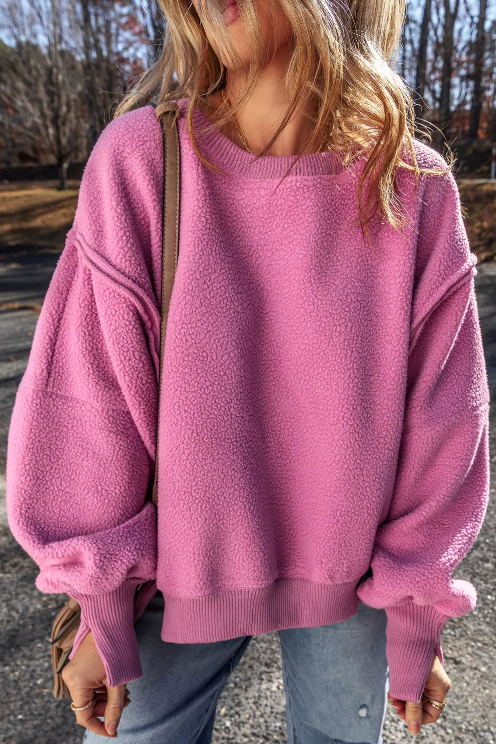 Hazel Blues® | Slit Round Neck Long Sleeve Sweatshirt Hoodie with Hem Applique Textured Unique Hazel Blues® | Slit Round Neck Long Sleeve Sweatshirt Hoodie with Hem Applique Textured Unique
