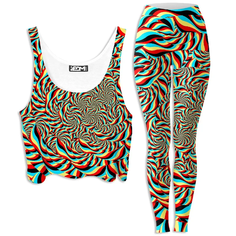Trippy Swirl Crop Top and Leggings Combo Hooded Caped Shawl Collar