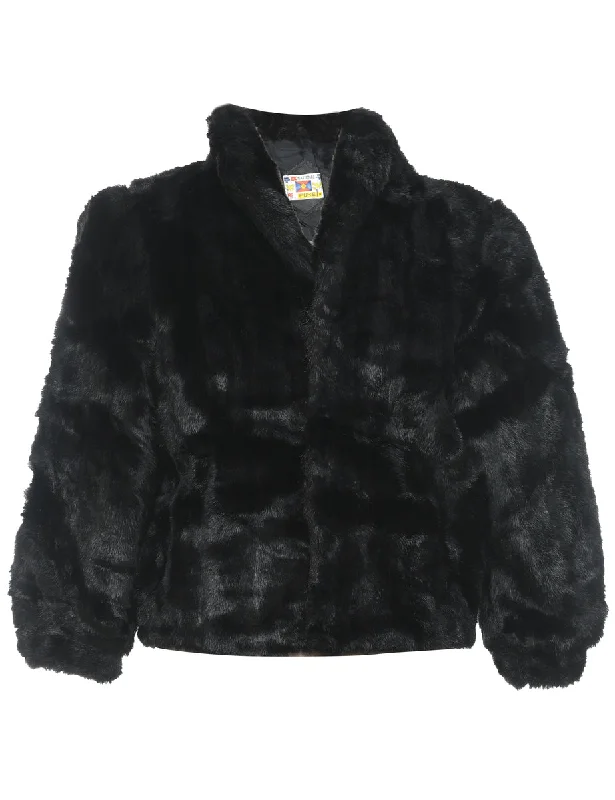 Black Classic Faux Fur Coat - L Zip Front Button Front Snap Front