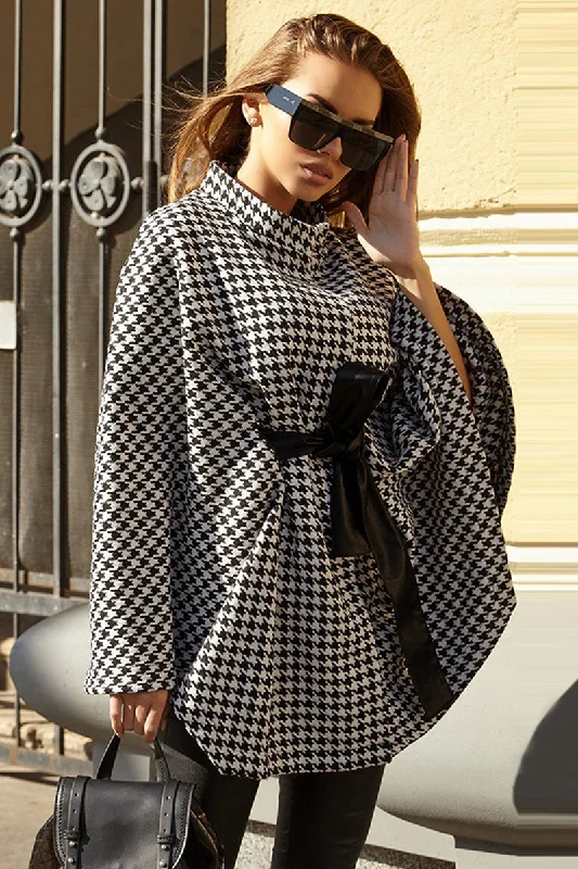 Houndstooth Tie Waist Trench Coat Stole Shawl Scarf