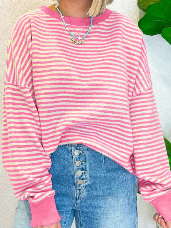 Hazel Blues® | Striped Round Neck Long Sleeve Sweatshirt Hoodie with Back Slit Movement Comfort Hazel Blues® | Striped Round Neck Long Sleeve Sweatshirt Hoodie with Back Slit Movement Comfort