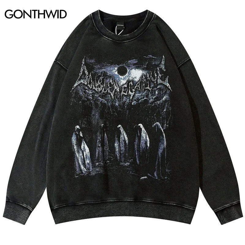 Vintage Sweatshirt Streetwear Grunge Hip Hop Devil Skull Skeleton Print Punk Gothic Wash Hoodie Harajuku Casual Pullover Hoodie with Double Zipper Versatile Adjustable