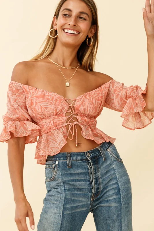 Josephina Off-Shoulder Lace-Up Front Crop Top Palm Print Pink Mesh Canvas Denim