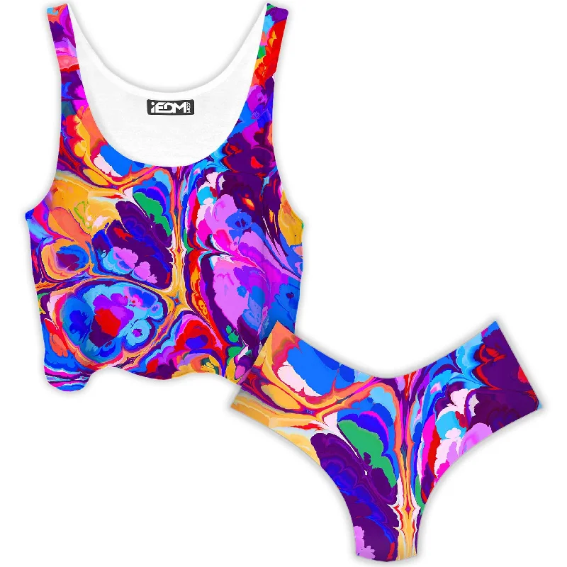 Overflow Crop Top and Booty Shorts Combo Asymmetrical Pockets Print