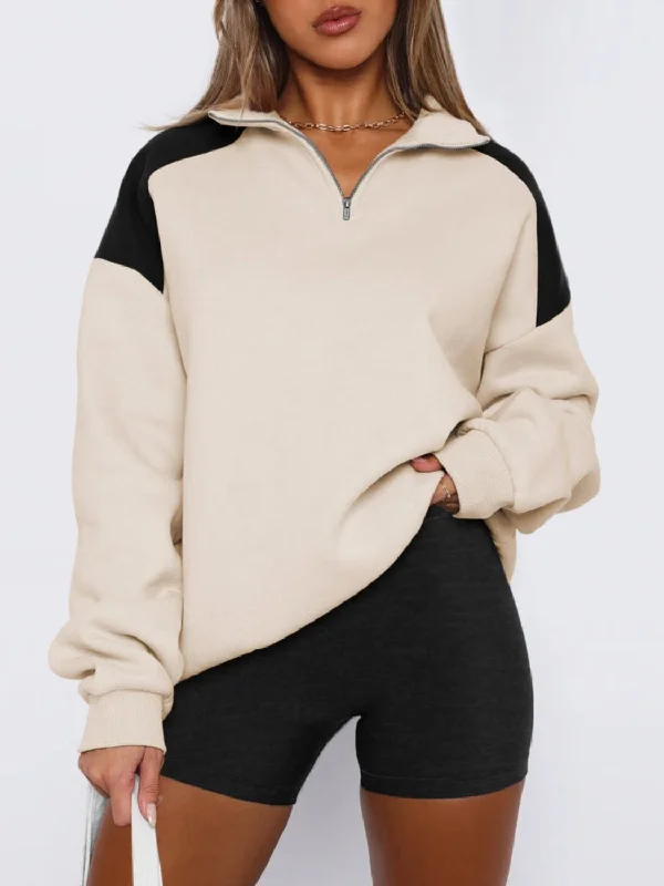 Hazel Blues® | Contrast Quarter Zip Long Sleeve Sweatshirt Hoodie with Embroidery Detailed Premium Hazel Blues® | Contrast Quarter Zip Long Sleeve Sweatshirt Hoodie with Embroidery Detailed Premium