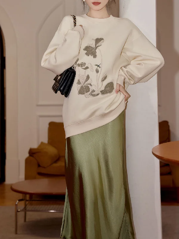 2 Piece White Crew Neck Embroidered Sweatshirt and Green Satin Fishtail Skirt Set Hoodie Crop Top Short Trendy