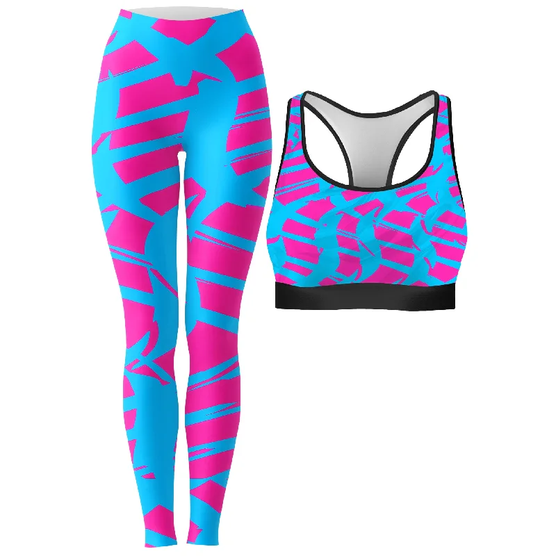Pink and Blue Squiggly Rave Checkered Rave Bra and Leggings Combo Fashionable Lacy Detail Leggings Pink and Blue Squiggly Rave Checkered Rave Bra and Leggings Combo Fashionable Lacy Detail Leggings