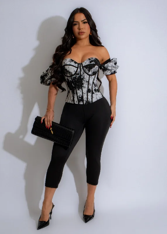 Renaissance Charm Crop Top Black Solid Print Embellished