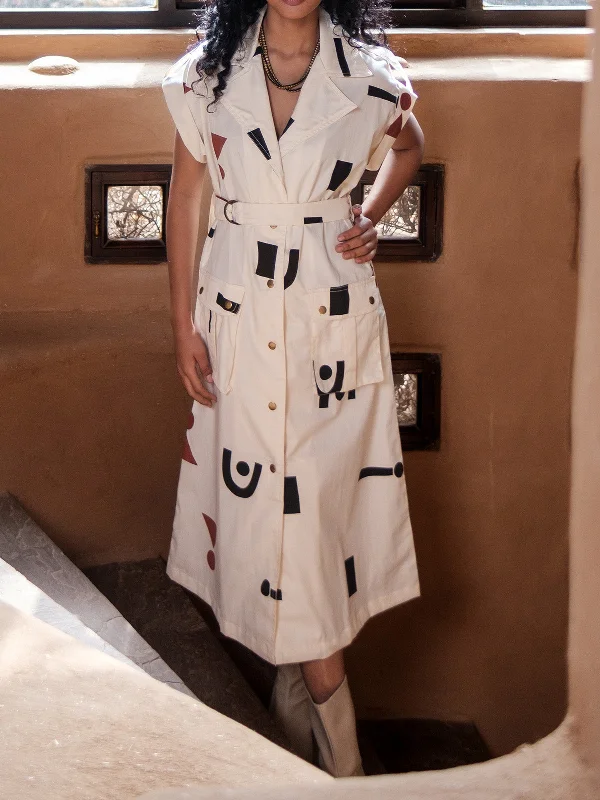 Ecru Line Printed Harajuku Trench Coat Off White Chenille Brocade Lace