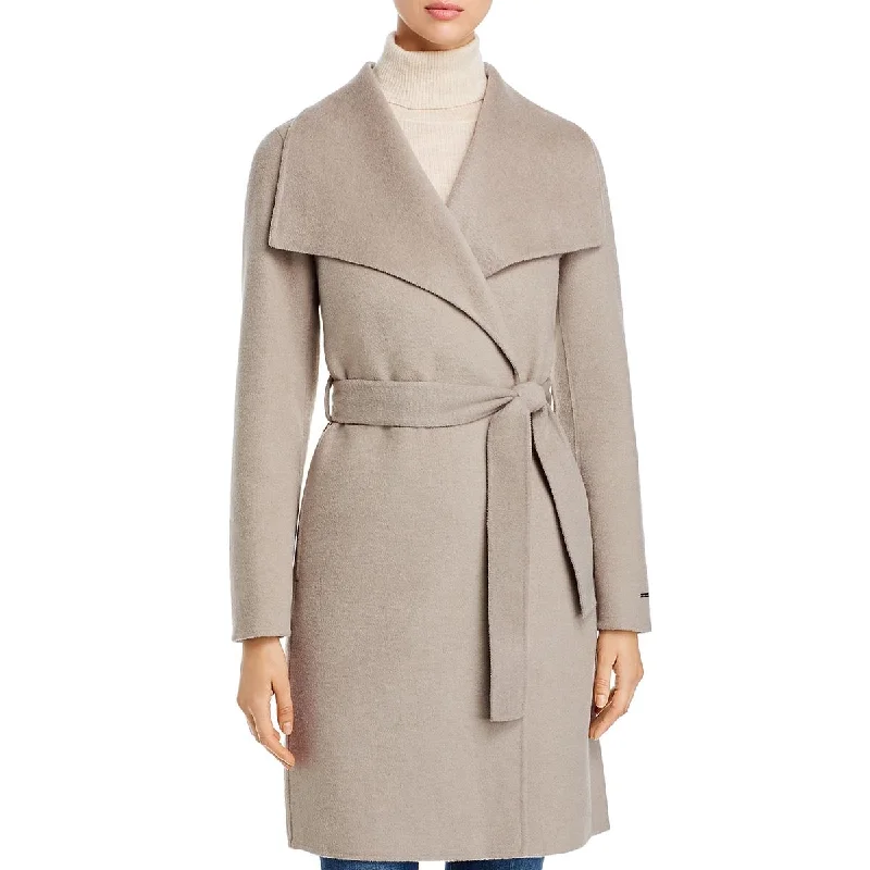 Tahari Ellie Women's Belted Double Face Mid-Length Wool Blend Wrap Coat Buttoned Zippered Snapped