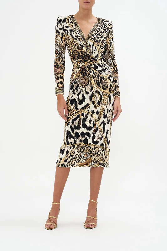 V-NECK MIDI CROSS FRONT DRESS ROLE CALL Elegant Puff Sleeve Midi Dress