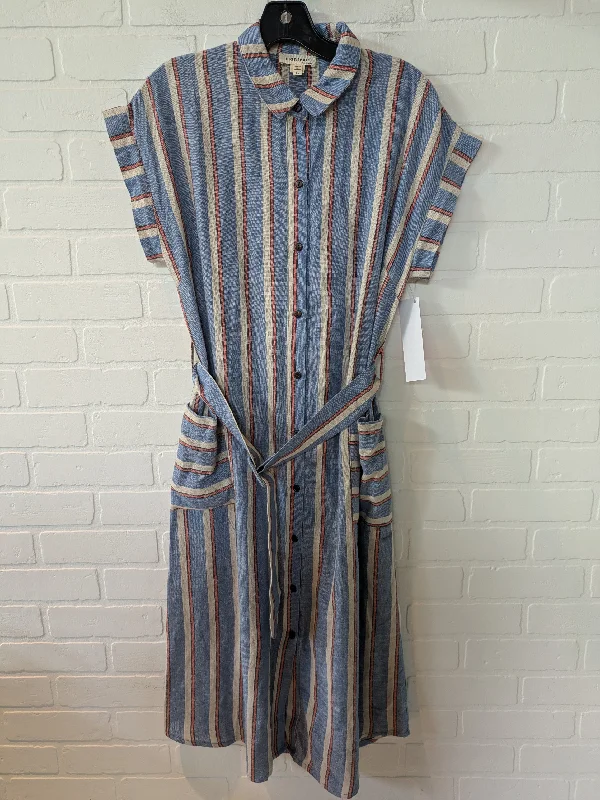 Blue & Cream Dress Casual Midi Monteau, Size L Elegant Satin Midi Dress