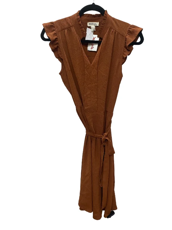 Brown Dress Casual Midi Monteau, Size M Trendy Ruffled Sleeve Midi Dress