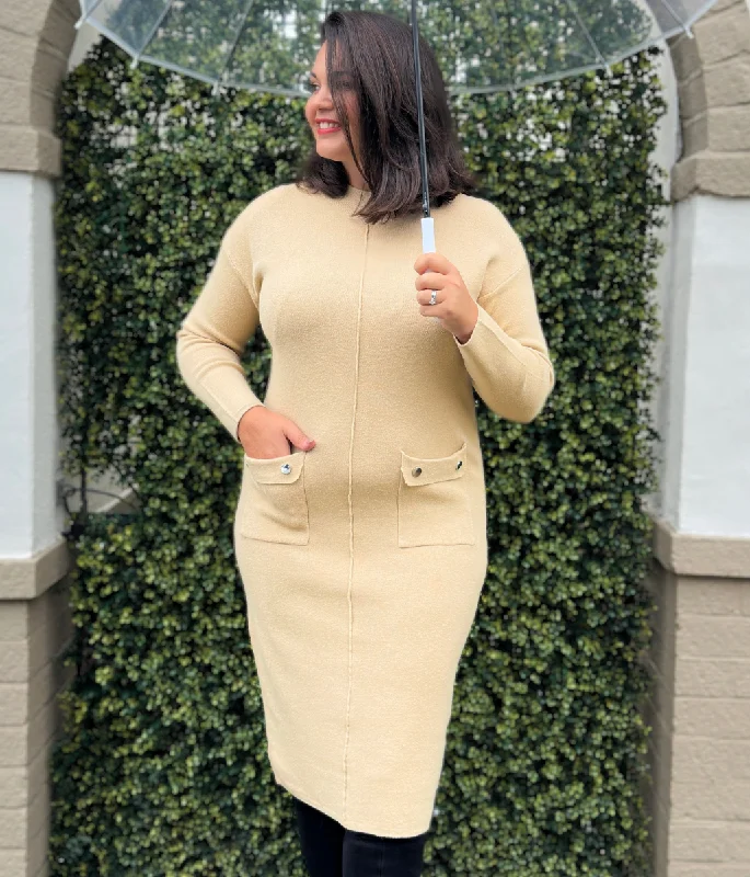 Camel Knitted Midi Pocket Dress Chic Bohemian Midi Dress