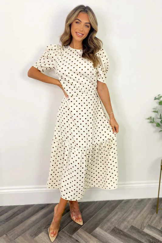 Cream And Brown Polka Dot Midi Smock Dress Elegant Maxi-Midi Hybrid Dress