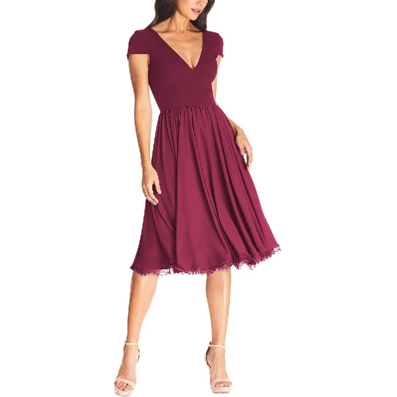 Dress The Population Womens Corey V-Neck Midi Fit & Flare Dress Fashionable Fitted Midi Dress