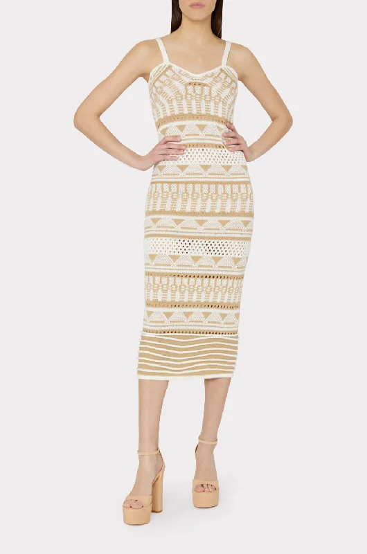 Geo Jacquard Midi Tank Dress - Tan White Stylish Animal Print Midi Dress