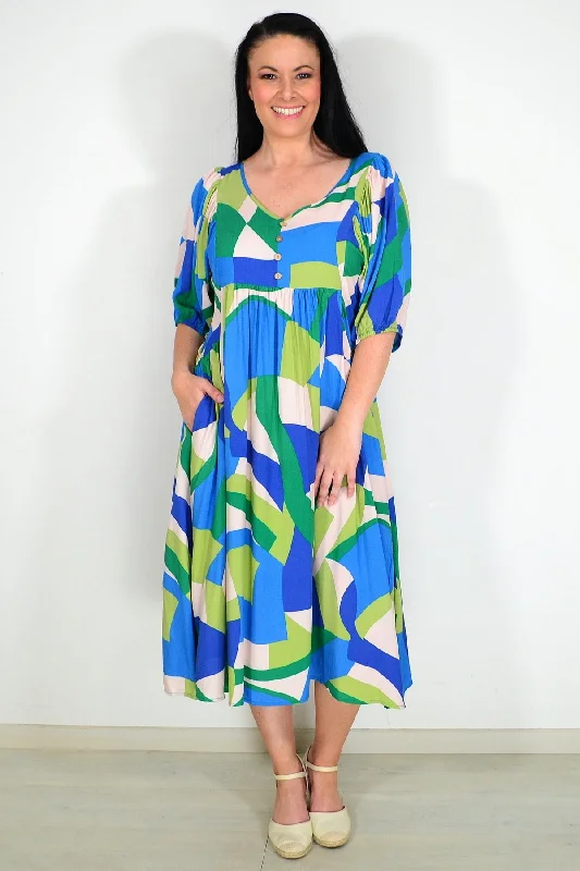 Green Blue Midi Tunic Dress Comfortable Geometric Print Midi Dress