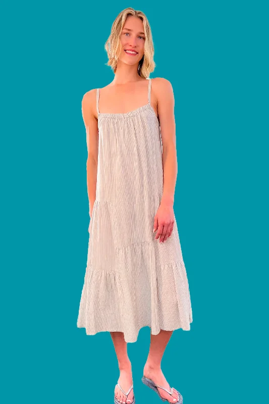 Striped Midi Summer Dress - Lake Cozy Spaghetti Strap Midi Dress