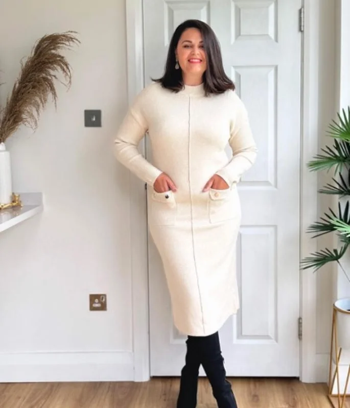 Natural Knitted Midi Pocket Dress Stylish Silk Midi Dress