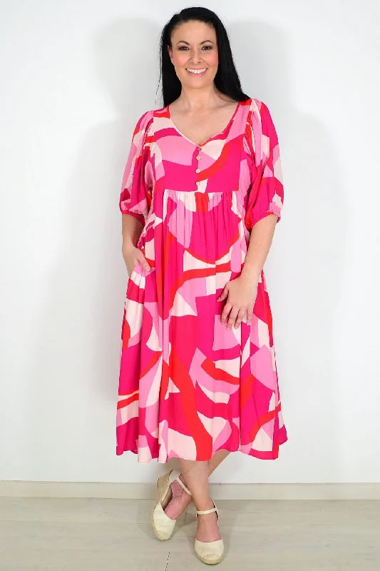 Pink Red Midi Tunic Dress Fashionable Fitted Midi Dress