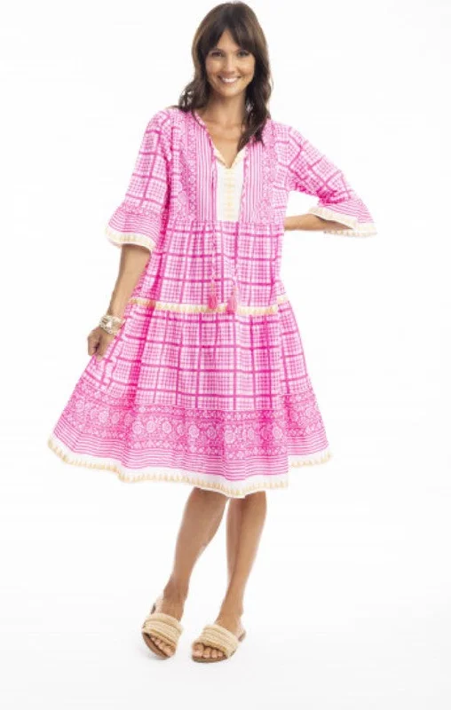 Straddie Pink Dress Midi Elegant Puff Sleeve Midi Dress