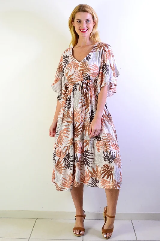White Summer Ferns Midi Tunic Dress Trendy Fit-and-Flare Midi Dress