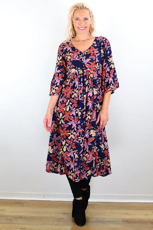 Winter Leaves Midi Tunic Dress Stylish Striped Midi Dress