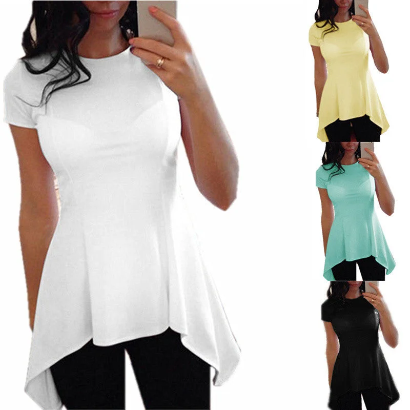 Fashion Irregular Hem Blouse Tops Women Short Sleeve O-neck Peplum Waist Slim Fit Casual Shirts-- Cozy Warm Stylish Fashion Irregular Hem Blouse Tops Women Short Sleeve O-neck Peplum Waist Slim Fit Casual Shirts-- Cozy Warm Stylish