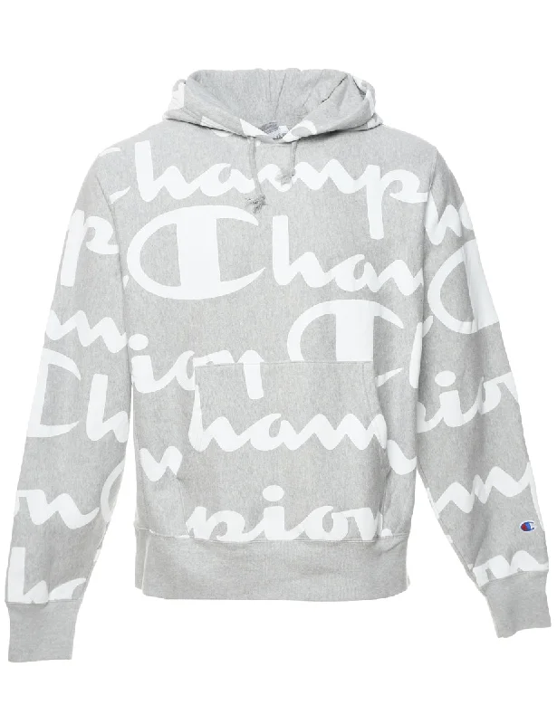 Champion Marl Grey & White Printed Hoodie - L Hoodie with Illustration Artistic Creative Champion Marl Grey & White Printed Hoodie - L Hoodie with Illustration Artistic Creative