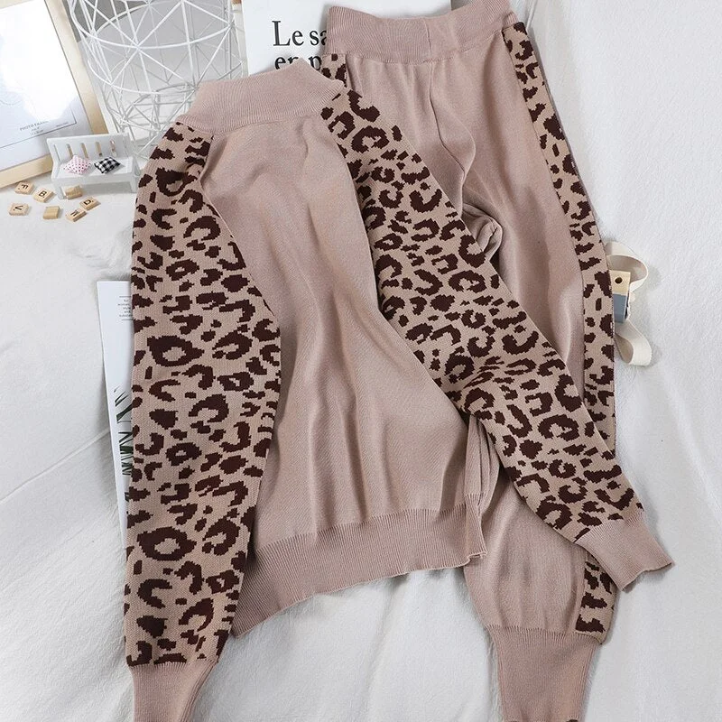 Two Piece Tracksuit Long Sleeve Coat And Trousers Leopard Patchwork Knit Casual Suit Set 2023 Autumn Female Korean Trousers Review Highly Two Piece Tracksuit Long Sleeve Coat And Trousers Leopard Patchwork Knit Casual Suit Set 2023 Autumn Female Korean Trousers Review Highly