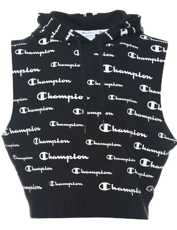 Champion Black & White Printed Sleeveless Hoodie - XL Hoodie with Ribbed Cuffs Snug Fit Comfort Champion Black & White Printed Sleeveless Hoodie - XL Hoodie with Ribbed Cuffs Snug Fit Comfort
